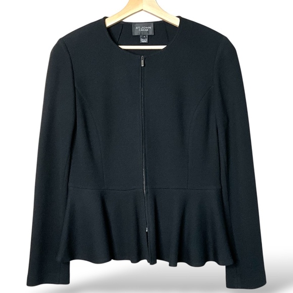 ST. JOHN CAVIAR  Zip-front Sculpted Milano Knit Fit-&-flare Peplum Jacket Sz 10 - Picture 3 of 9
